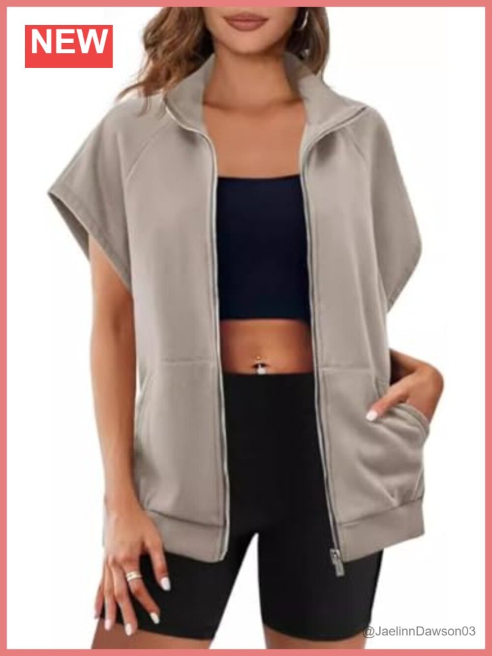 Women's Zip Up Short Sleeve Oversized Sweatshirt Jacket with Pockets